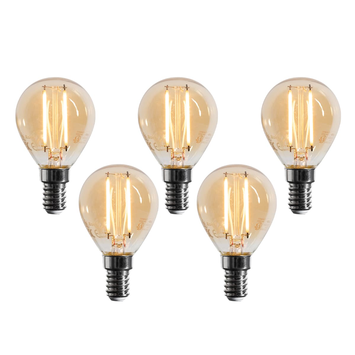 Sada 5 stmievateľných LED žiaroviek E14 G45 zlatá 4W 330 lm 2100K