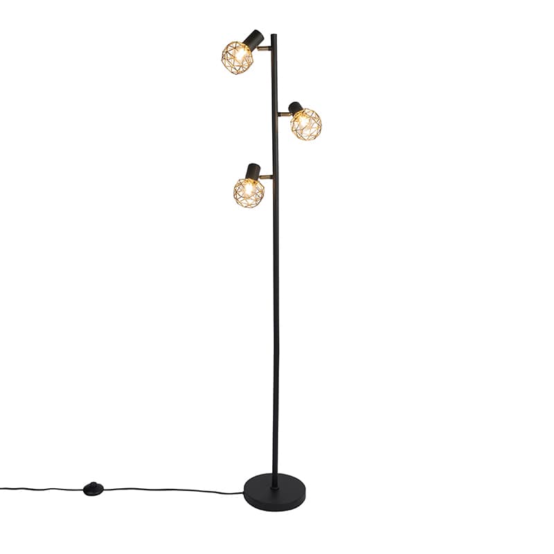 Dizajnová stojaca lampa čierna so zlatom 3-svetlo nastaviteľné - Mesh 1