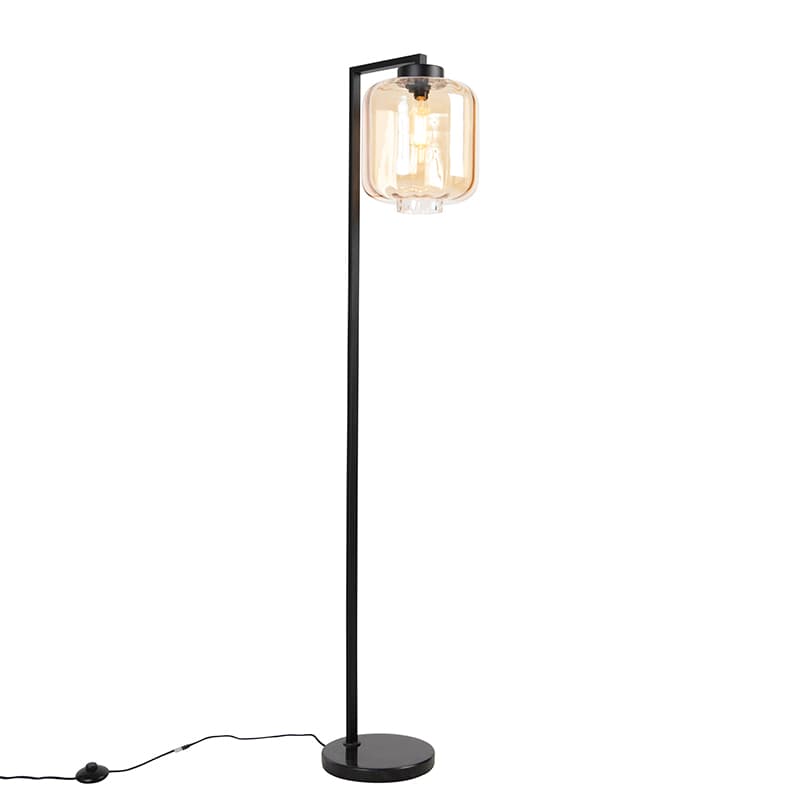 Dizajnová stojaca lampa čierna s jantárovým sklom - Qara Down