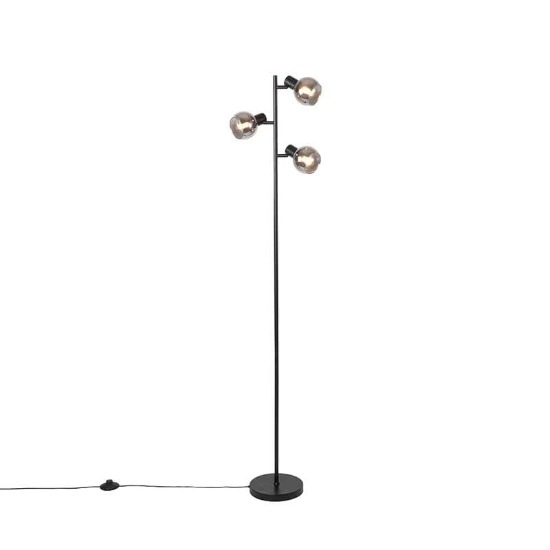Art Deco stojaca lampa čierna 3-svetlo s dymovým sklom - Vidro 1