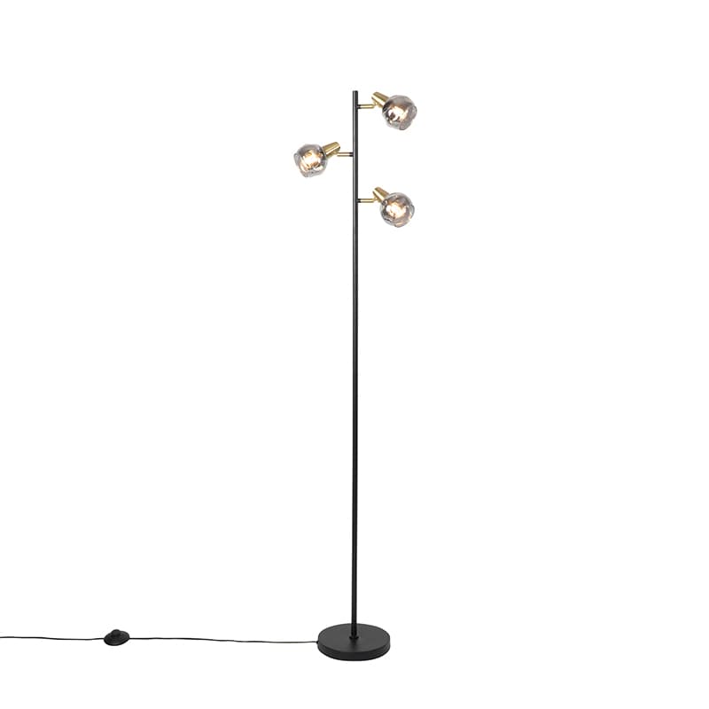 Stojaca lampa v štýle Art Deco čierna a zlatá s dymovým sklom 3-svetlo - Vidro 1
