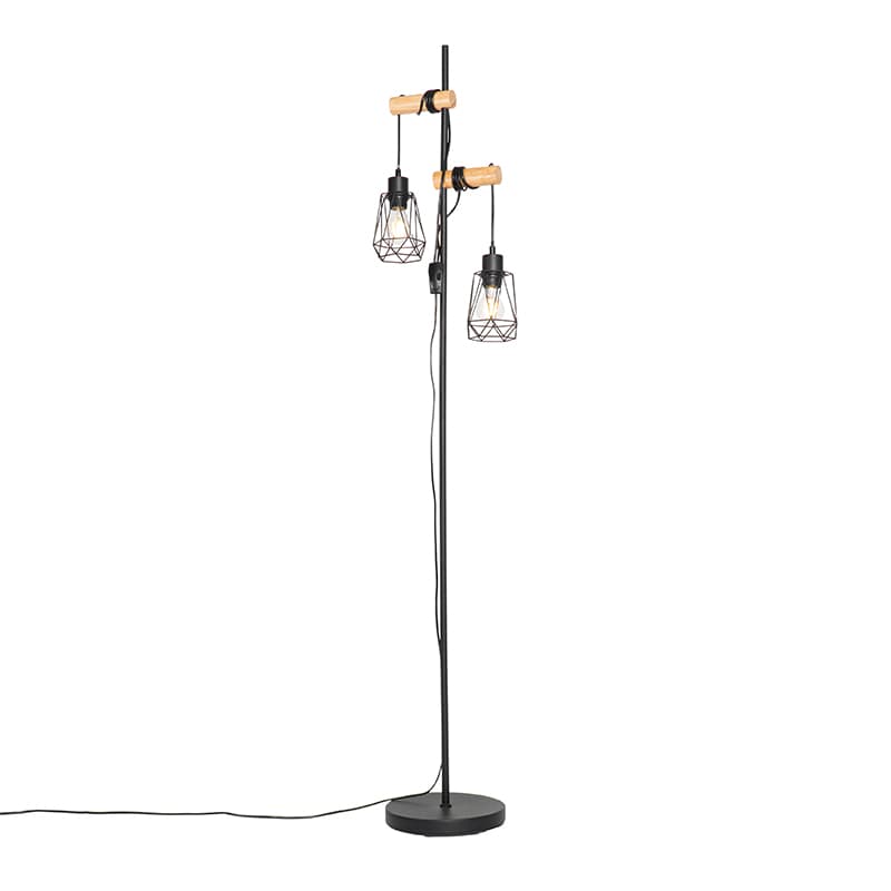 Rustikálna stojaca lampa čierna s drevom 2-svetlo s tienidlom - Dami Frame 1