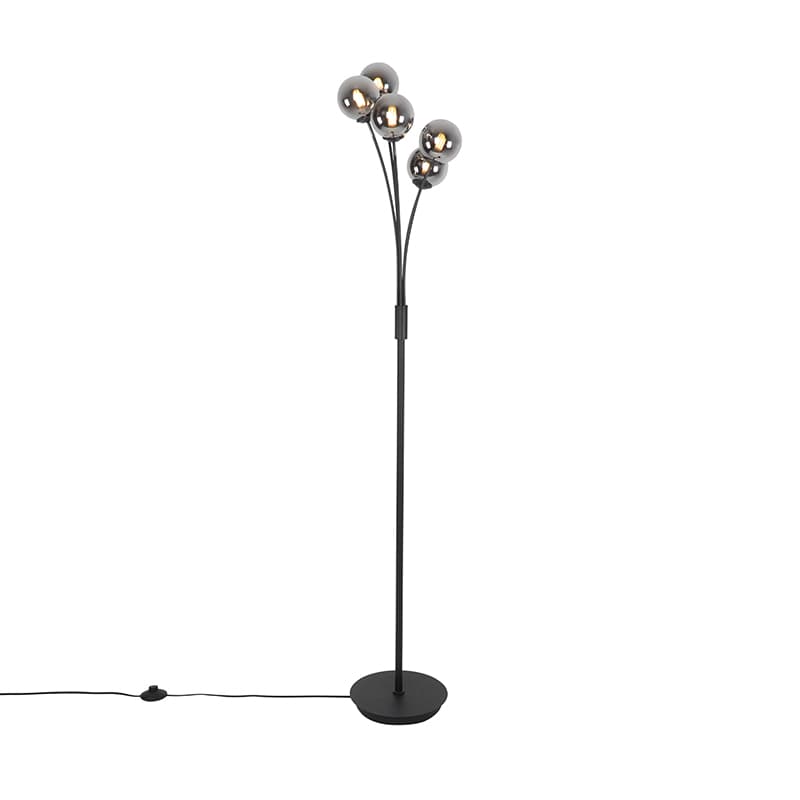 Moderná stojaca lampa čierna 5-svetlo s dymovým sklom - Atény