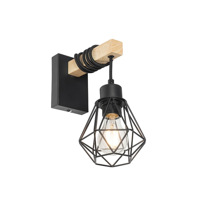 Rustikálna nástenná lampa čierna so drevom - Chon
