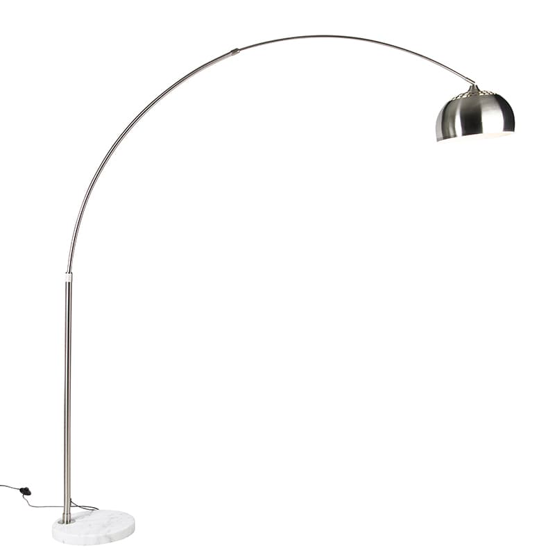 Oceľová oblúková stojaca lampa s bielym mramorovým podstavcom s oceľovým tienidlom - Arc XXL