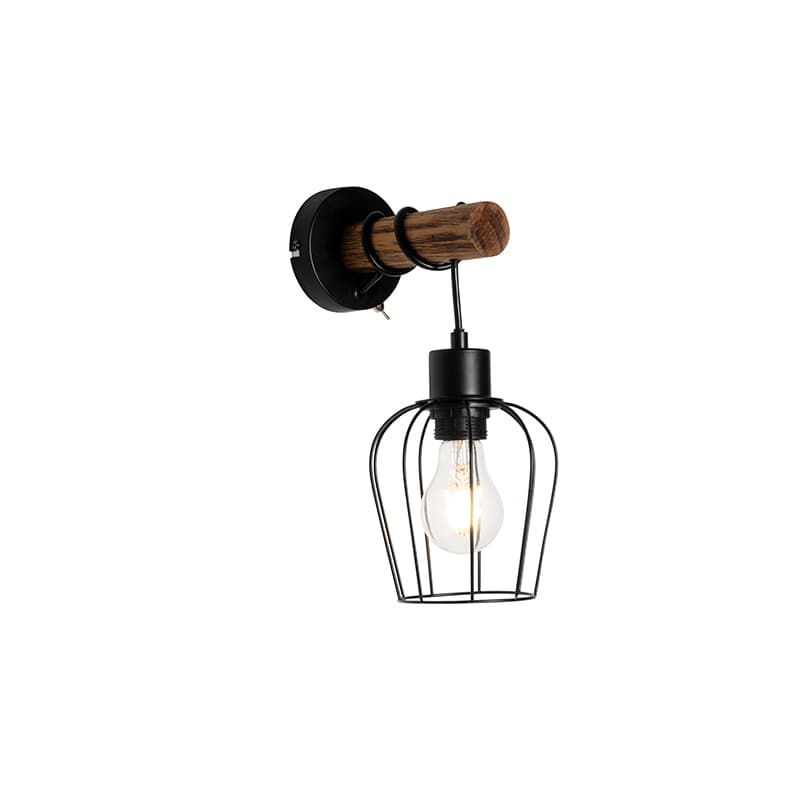 Rustikálna nástenná lampa čierna s drevom - Stronk