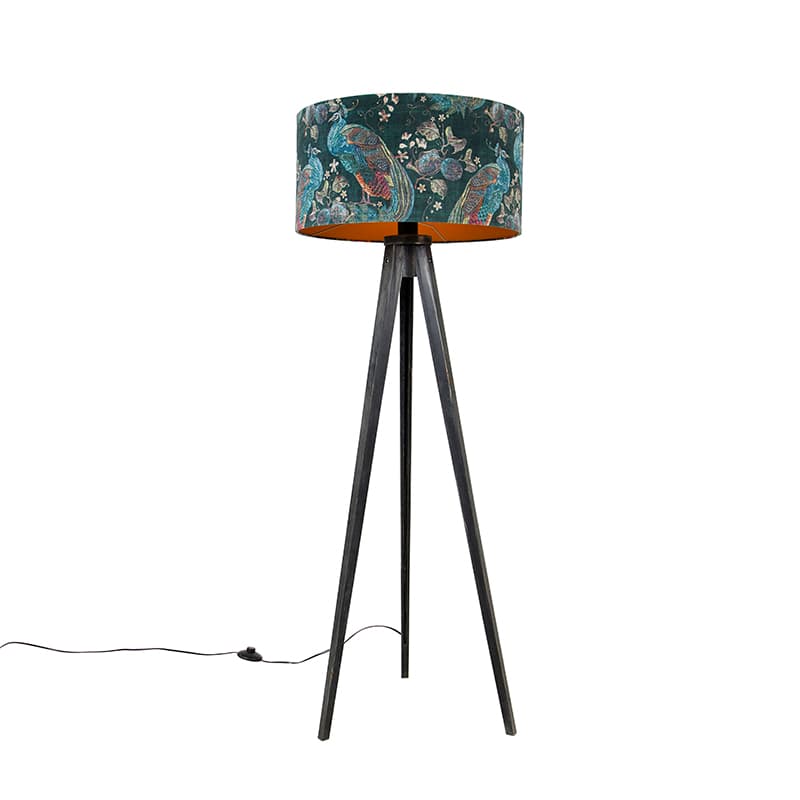 Stojaca lampa trojnožka čierna s tienidlom páv 50 cm - Tripod Classic 1