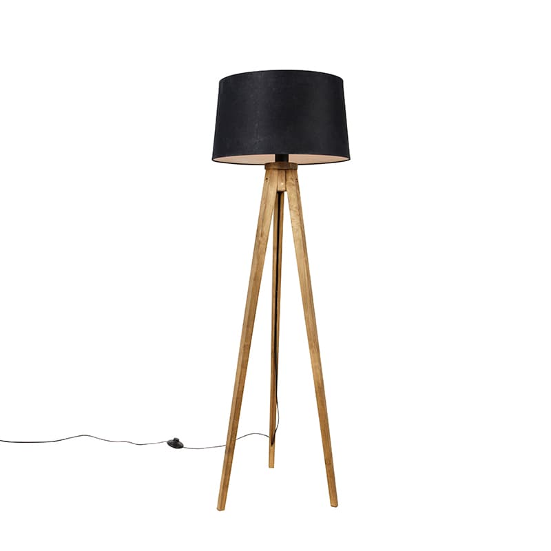 Rustikálny trojnohý vintage drevený s tienidlom z ľanu čierny 45 cm - Tripod Classic
