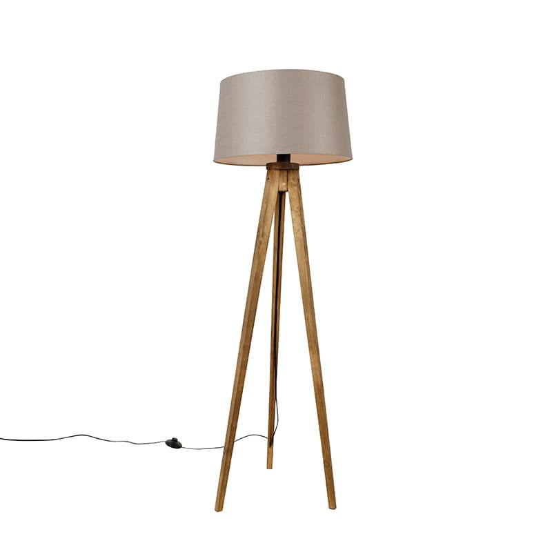 Rustikálny trojnohý stojaca lampa vintage drevo s ľanovým tienidlom taupe 45 cm - Tripod Classic