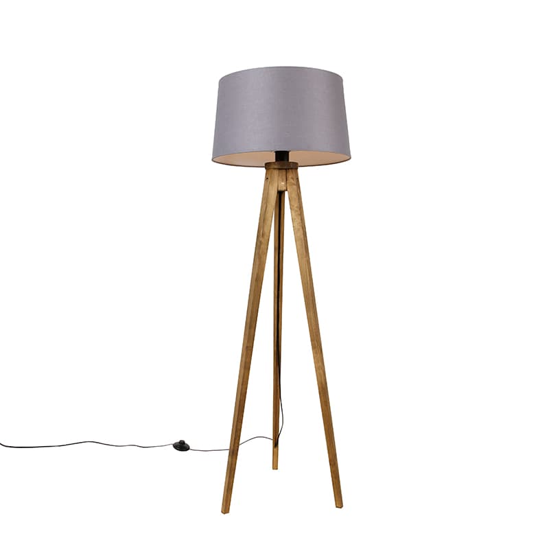 Rustikálny trojnohý vintage drevený s tienidlom z ľanu tmavosivá 45 cm - Tripod Classic