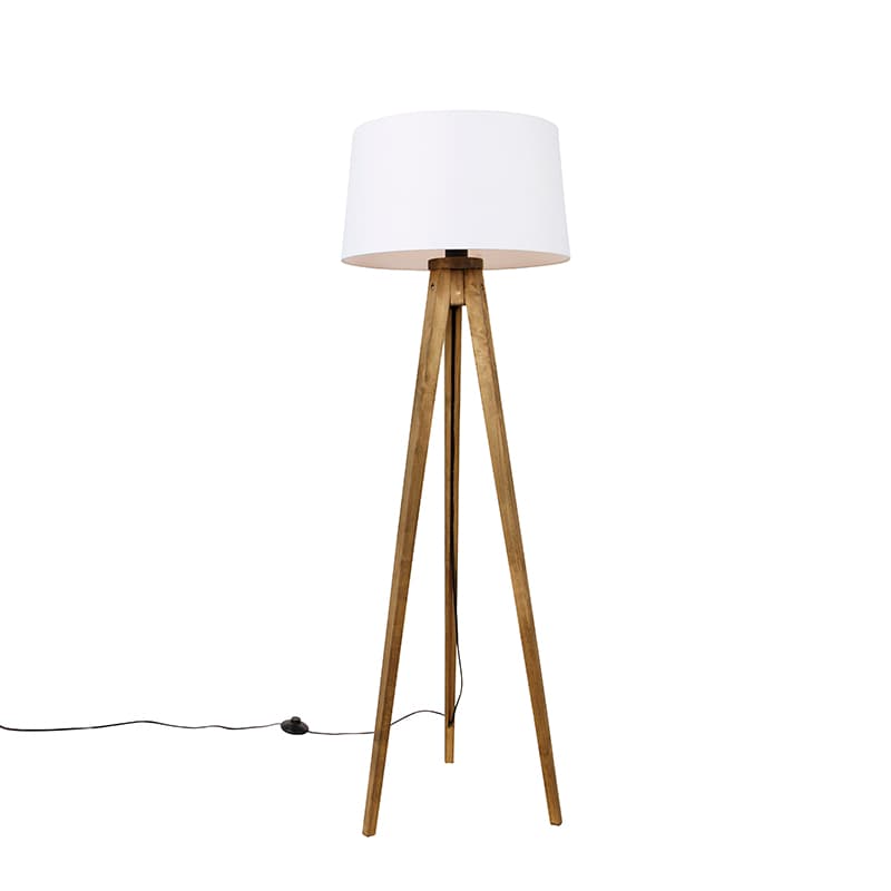 Rustikálny trojnohý stojan vintage drevo s bielym ľanovým tienidlom 45 cm - Tripod Classic