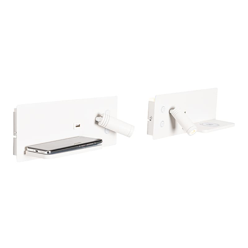 Sada 2 nástenných svietidiel bielych vrátane LED s USB a indukčným nabíjaním - Riza