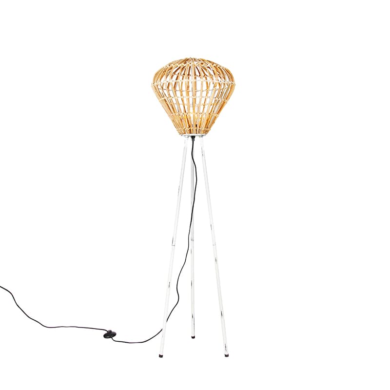 Rustikálna stojaca lampa trojnožka bambusová s bielou - Canna Diamond