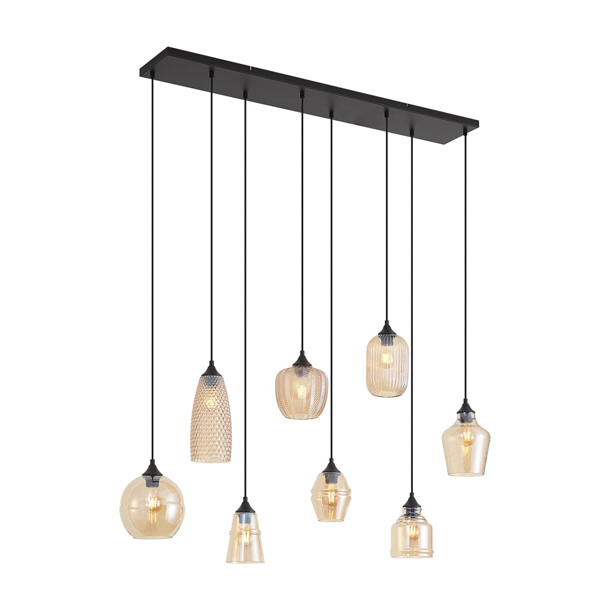 Art Deco závesná lampa čierna s jantárovým sklom 8-Lights - Hanne