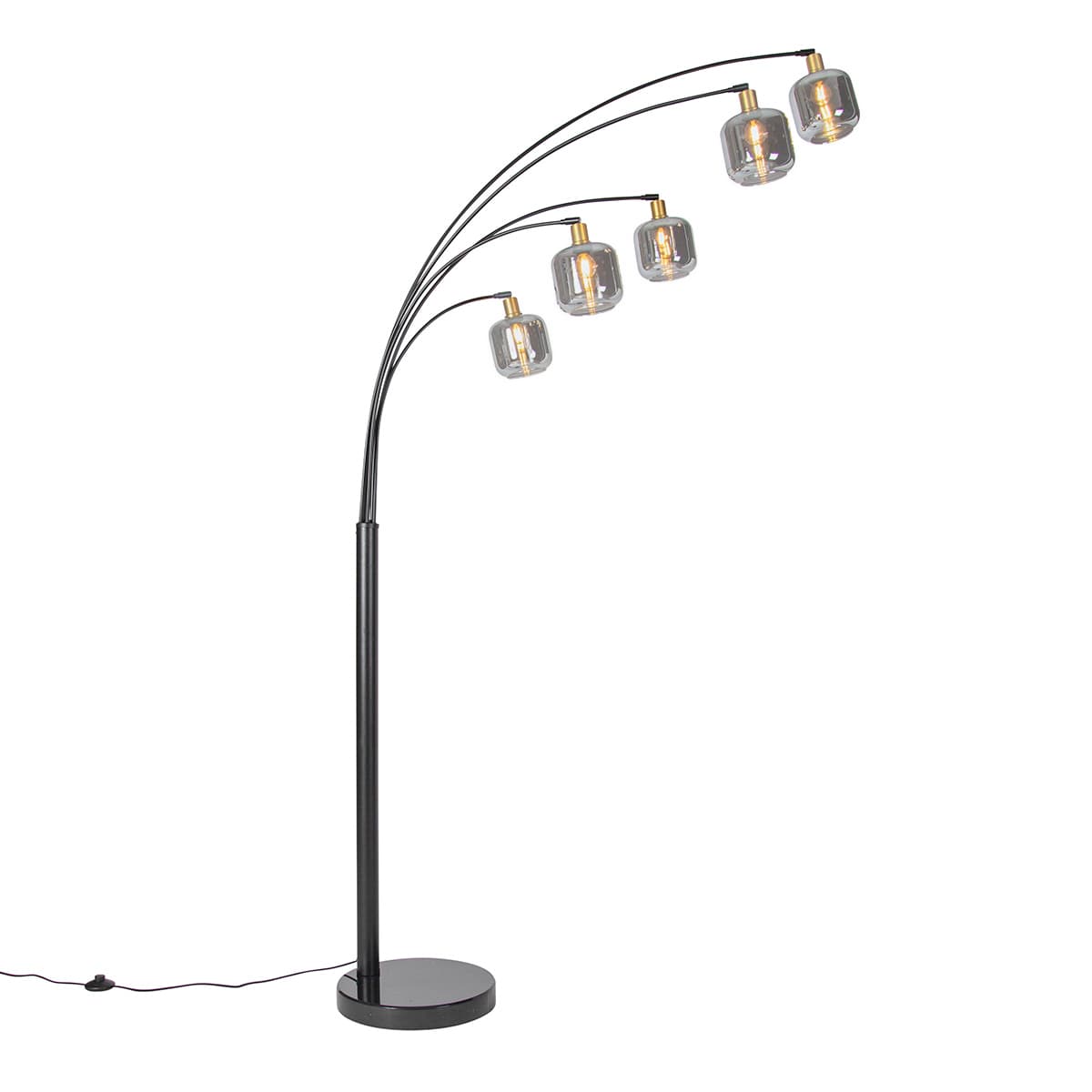 Stojaca lampa čierna so zlatom s dymovým sklom 5-svetlo - Zuzanna 1