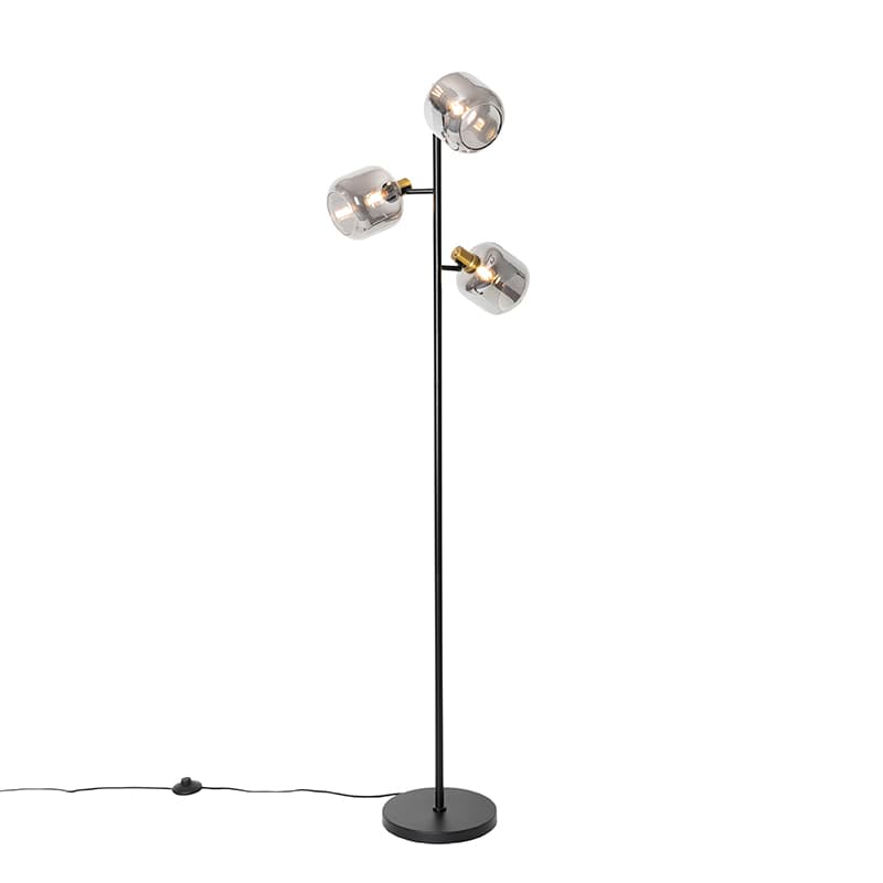Stojaca lampa čierna so zlatom s dymovým sklom 3-svetlo - Zuzanna
