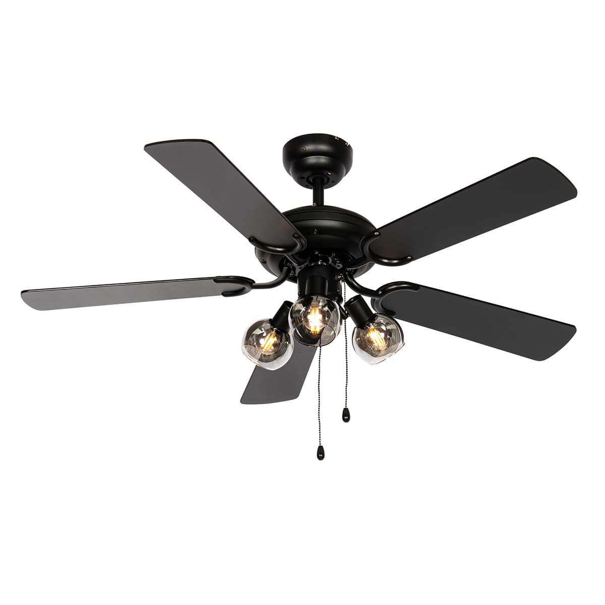 Stropný ventilátor čierny s drevenou potlačou 107,5 cm 3-svetlá s ťahovým spínačom - Mistral Vidro