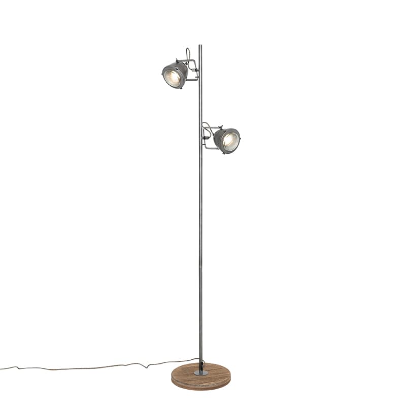 Priemyselná stojaca lampa oceľ s drevom 2-svetlá - Emado 1