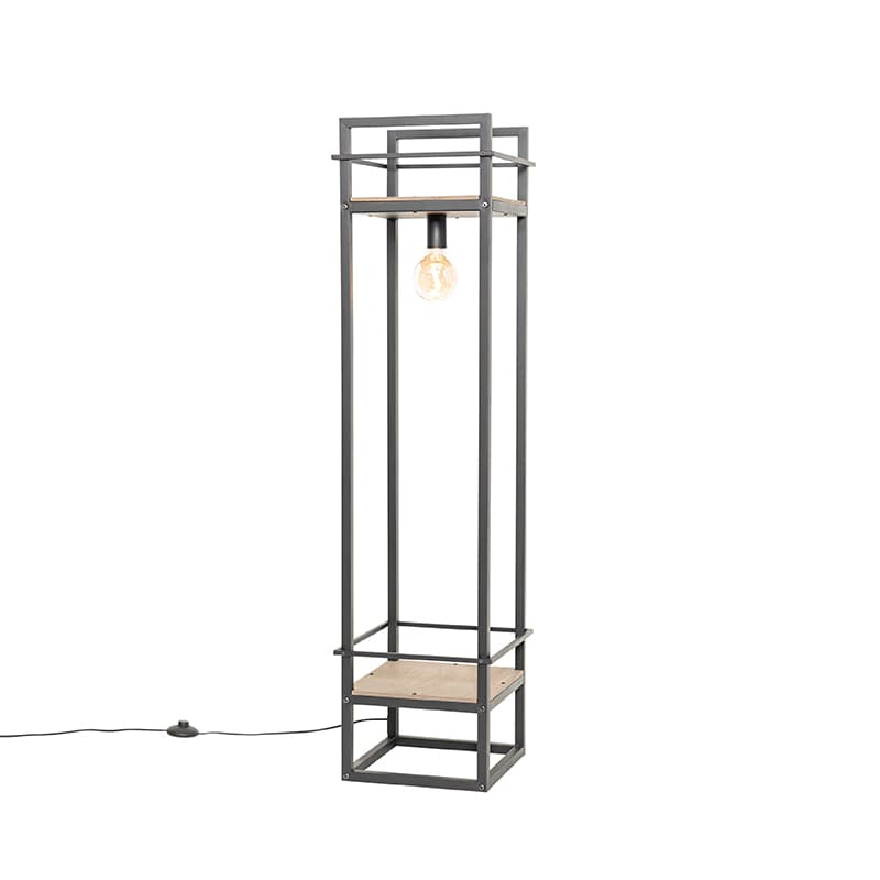 Priemyselná stojaca lampa čierna s drevenými prvkami - Cage Rack 1