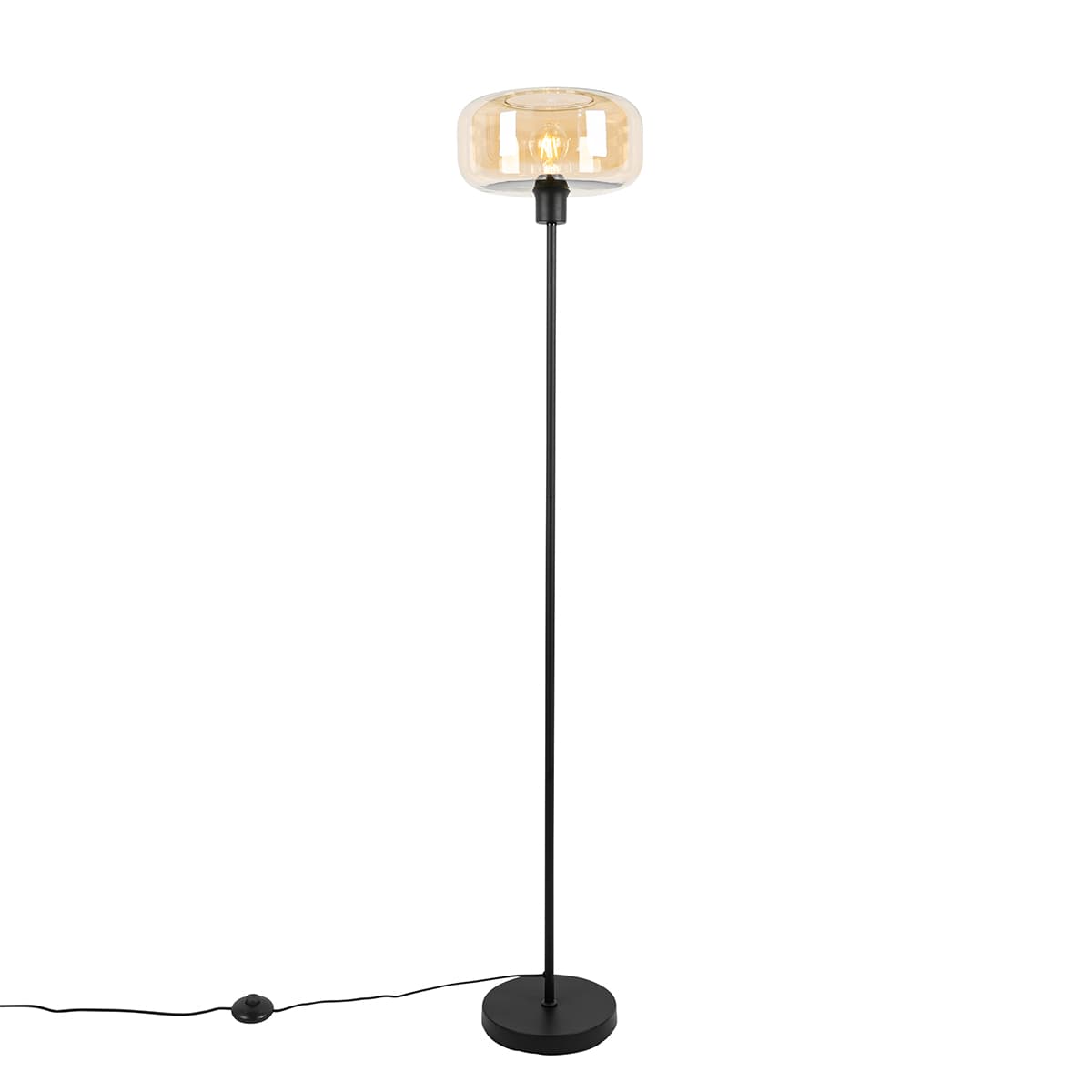 Art Deco stojaca lampa čierna s jantárovým sklom - Bizle