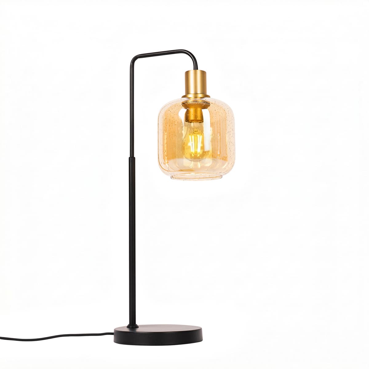 Dizajnová stolná lampa čierna s mosadzou a jantárovým sklom - Zuzanna