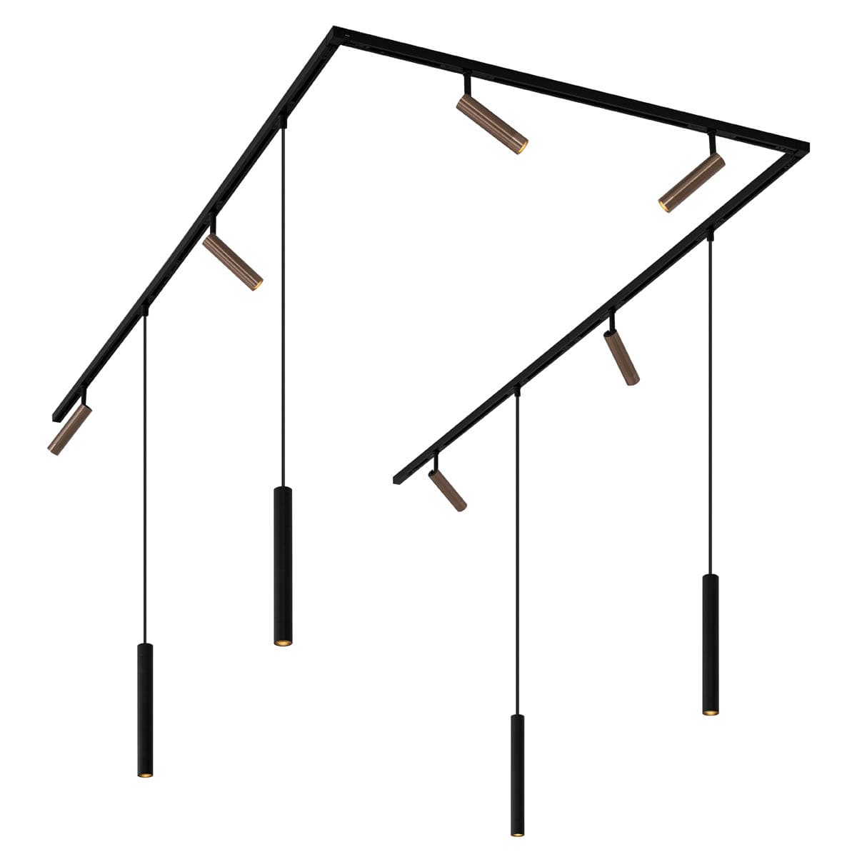Moderný koľajnicový systém s 6 reflektormi a 4 závesnými svetlami tmavá bronz 1-fázový - Slimline Uzzy Keno 1