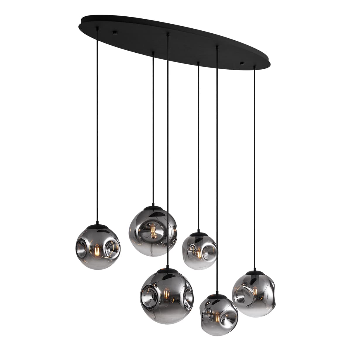 Art Deco závesná lampa čierna s oválnou stropnou doskou a dymovým sklom 6-Lights - Douglass 1