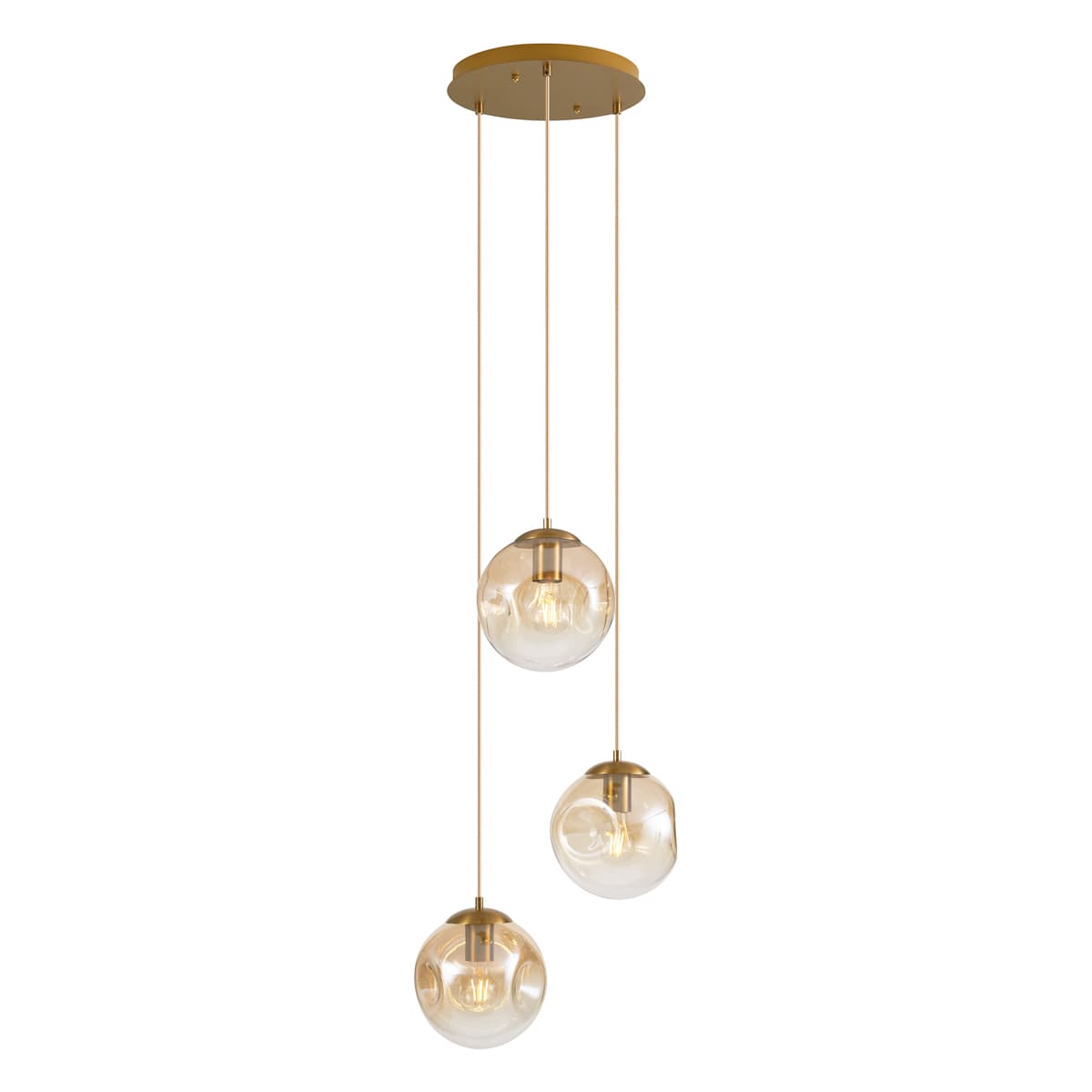 Art Deco závesná lampa mosadzná s jantárovým sklom 3-svetlá - Douglass