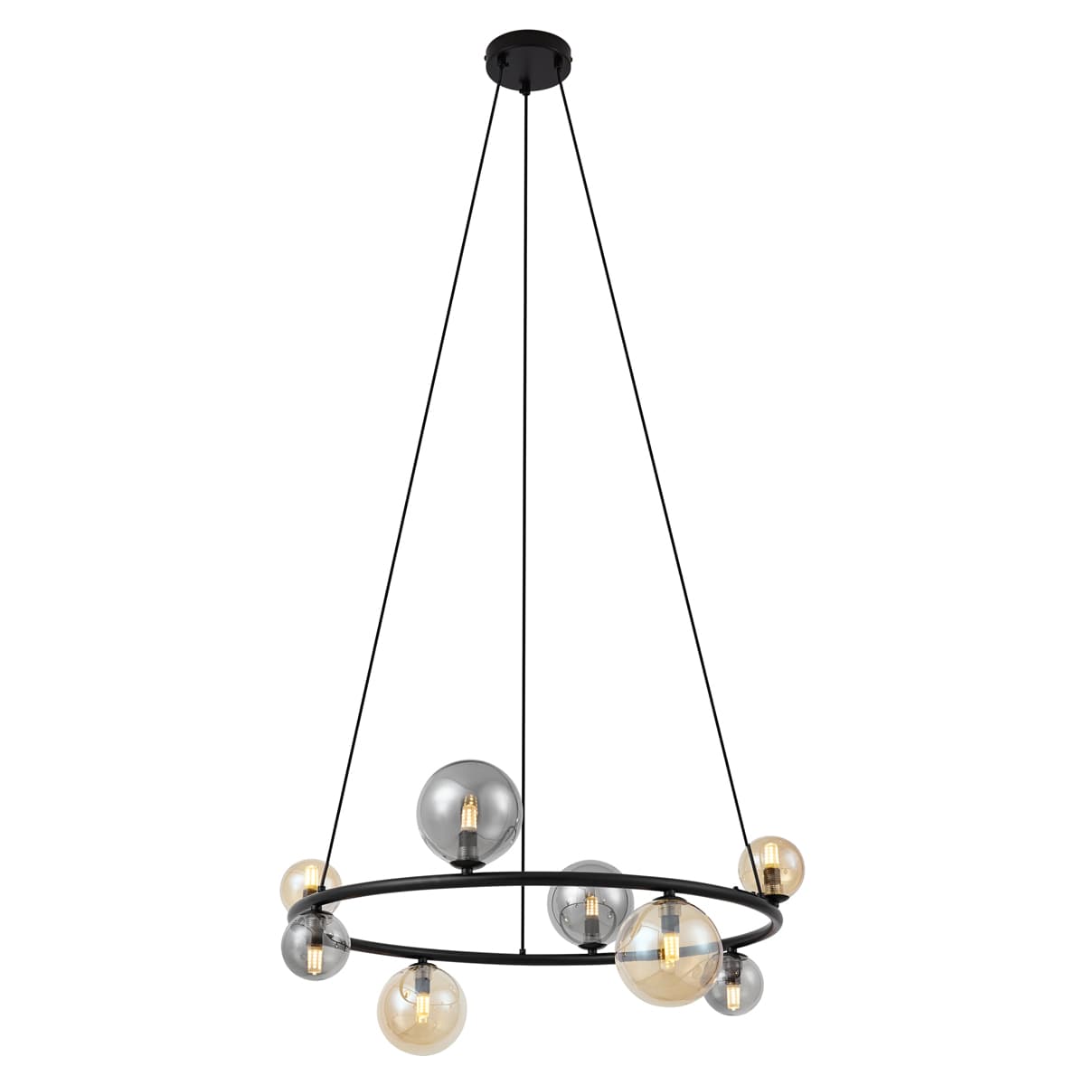 Závesná lampa čierna s dymovým a jantárovým sklom okrúhla 8-svetiel - Monaco 1