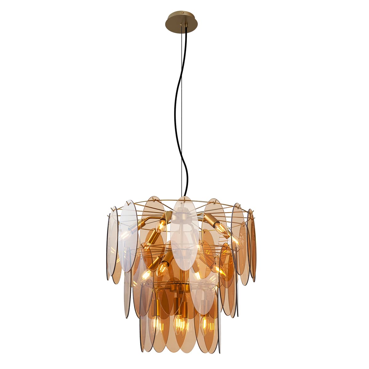Závesná lampa Art Deco zlatá s jantárovým sklom oválna 14-svetiel - Mochan 1