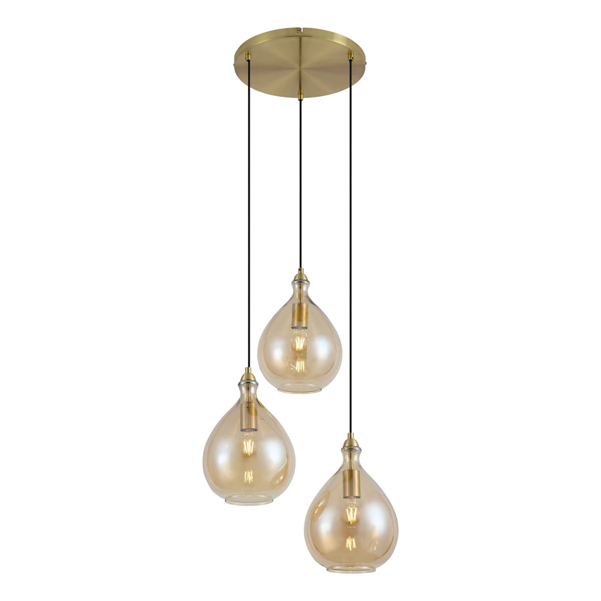 Smart hanglamp goud met amber glas 3-lichts incl. Wifi A60 - Traditional