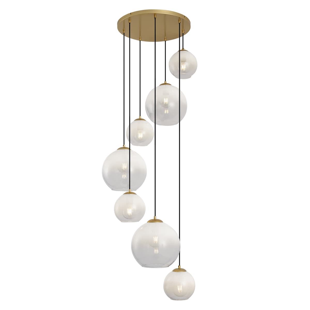 Hotelová elegantná závesná lampa mosadzná s bielym sklom okrúhla 7-svetiel - Misty 1