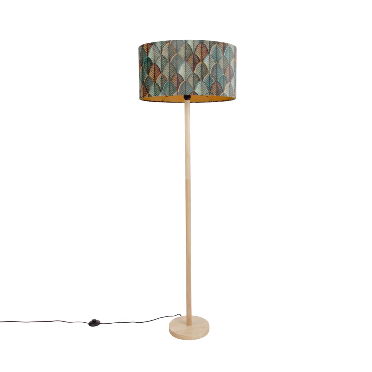 Drevená stojaca lampa s oválnym zamatovým tienidlom s dizajnom listov 50 cm - Mels