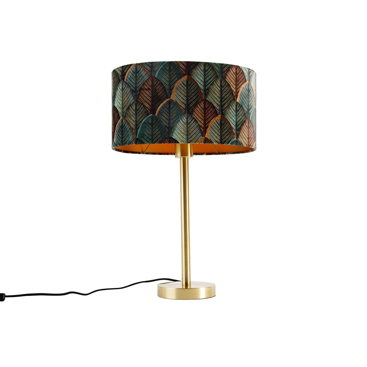 Stolná lampa mosadzná s oválnym zamatovým tienidlom s motívom listov 35 cm - Simplo 1