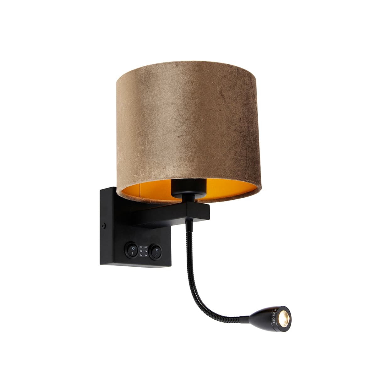 Nástenná lampa čierna s hnedým zamatovým tienidlom 18 cm - Brescia