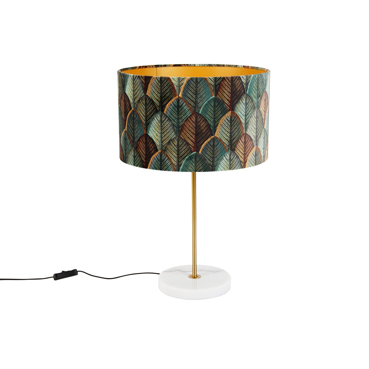 Mosadzná stolová lampa s velúrovým tienidlom s dizajnom listov a zlatým vnútorným priestorom - Kaso