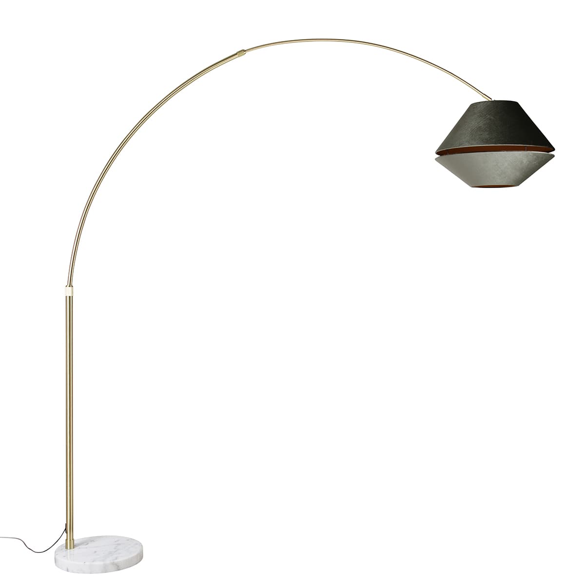 Mosadzná oblúková lampa s bielym a dvojitým zamatovým tienidlom zelená - XXL