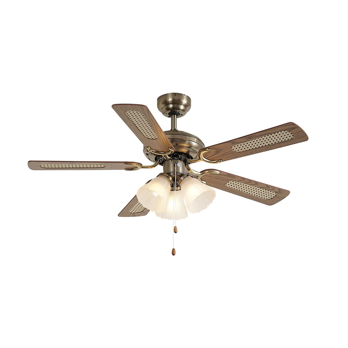 Mosadzný stropný ventilátor s potlačou dreva a ratanom 105 cm s ťahovým spínačom - Mistral Lia