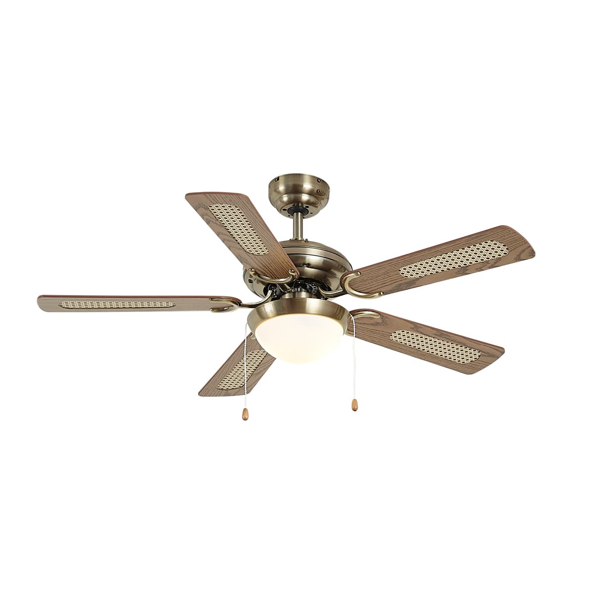 Stropný ventilátor mosadz s drevenou potlačou a ratanom 105 cm s ťahovým spínačom - Mistral Majas