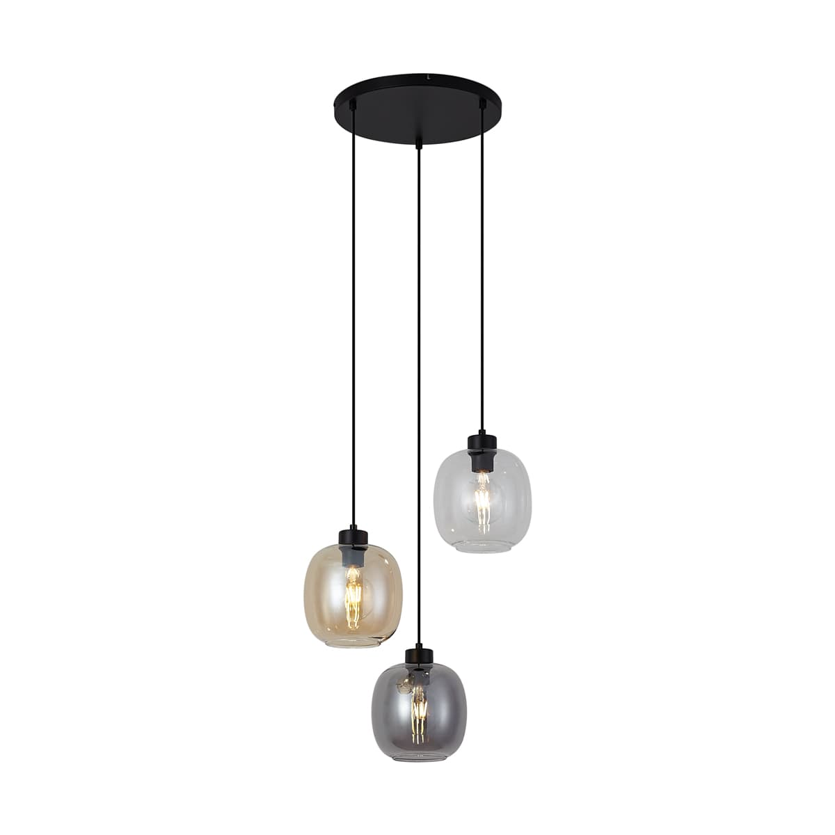Závesná lampa čierna s jantárovým, dymovým a čírym sklom 3-Lights - Elena