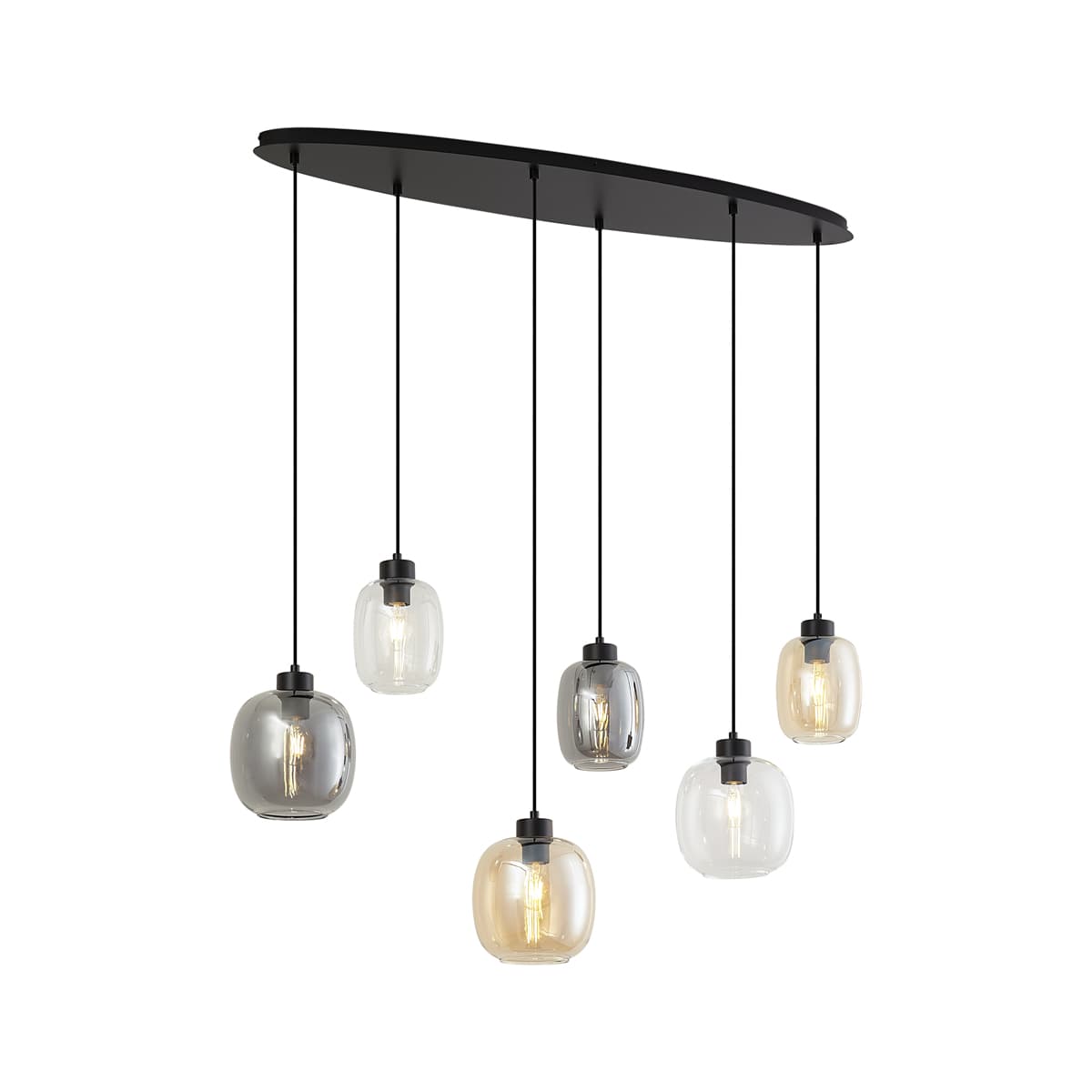 Závesná lampa čierna s jantárovým, dymovým a čírym sklom 6-svetiel - Elena