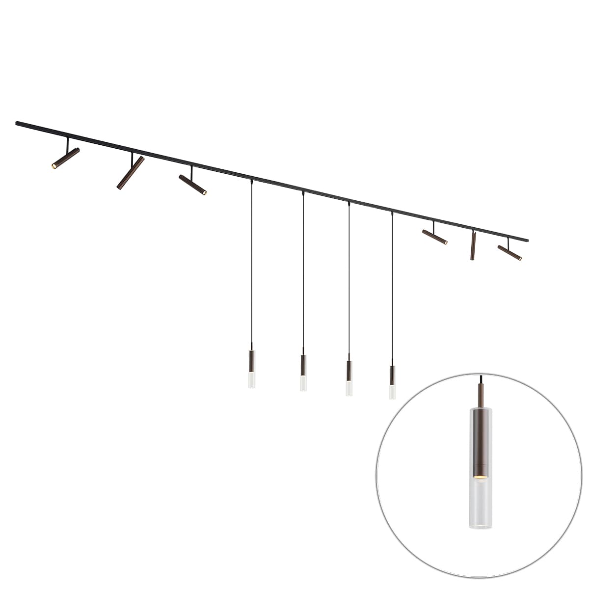 Moderný koľajnicový systém čierny so 6 bodovými svetlami a 4 závesnými svetlami tmavý bronz 1-fázový - Slimline Avery Loyce