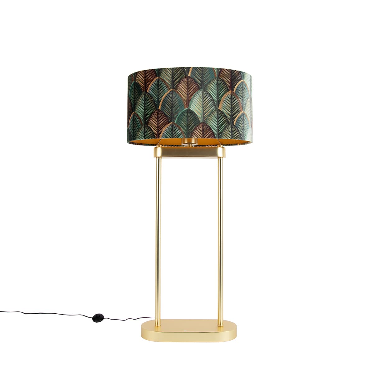 Mosadzná stojaca lampa s oválnym tienidlom s motívom listov a zlatým interiérom 35 cm - Thijmen