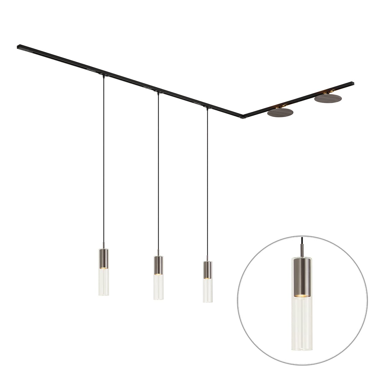 Moderný koľajnicový systém čierny s 3 závesnými svietidlami a 2 stropnými svietidlami Gunmetal 1-fázový - Iconic Lloyd Pulley 1