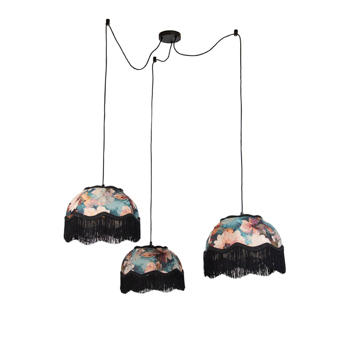 Závesná lampa čierna s kvetinovým tienidlom a bielym interiérom 31,5 cm 3-Lights - Cava