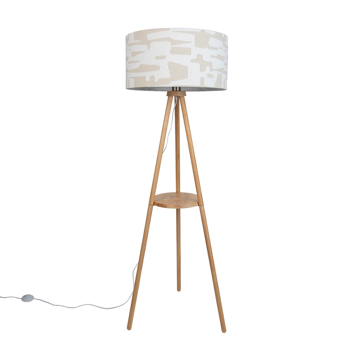 Drevená stojacia lampa s trojnožkou s bielym a béžovým pruhovaným tienidlom 50 cm - Lou