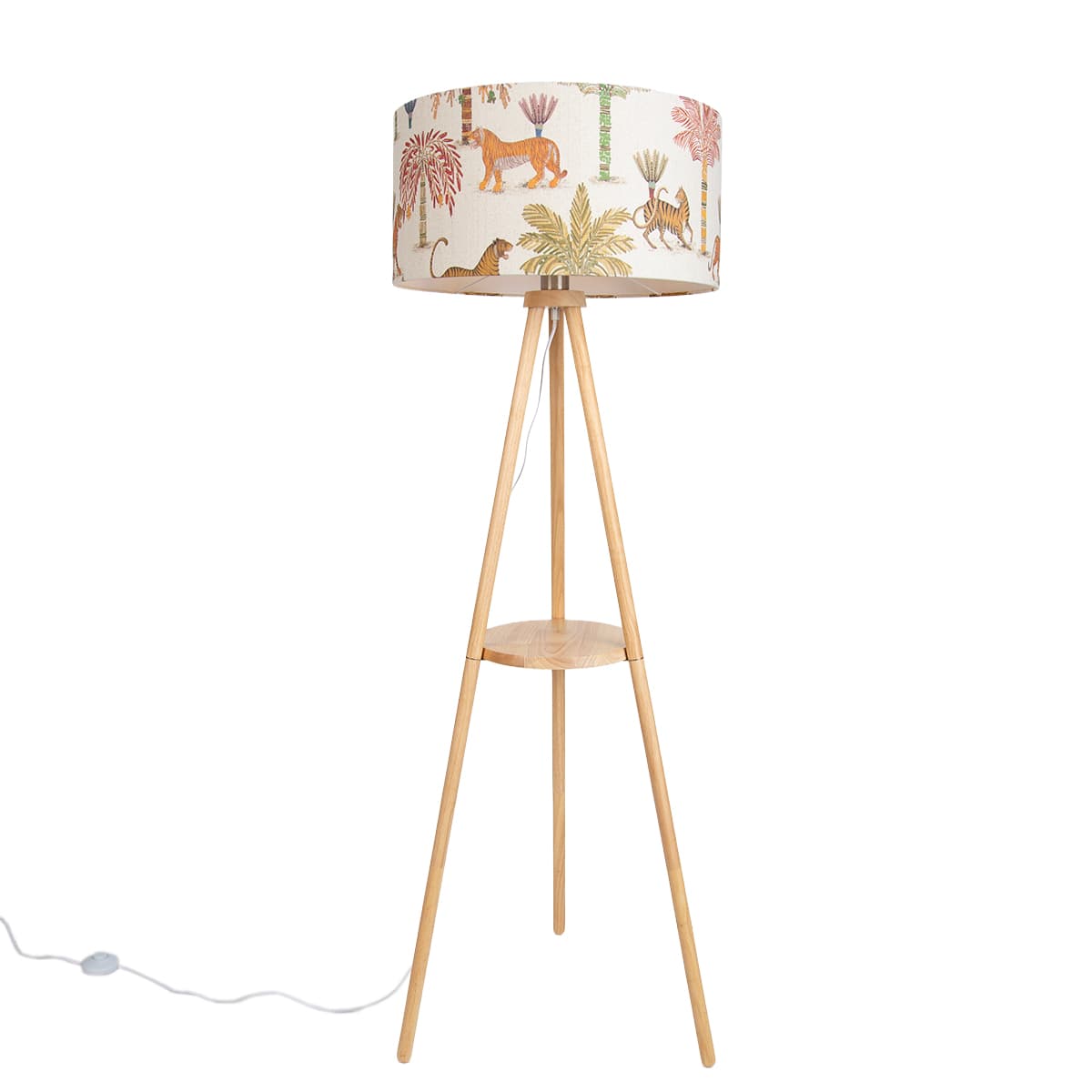 Drevená stojacia lampa s trojnožkou s viacfarebným tienidlom so zvieracou potlačou 50 cm - Lou