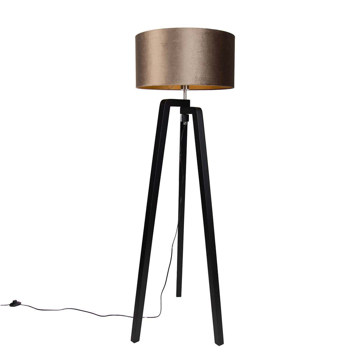 Stojacia lampa čierna trojnožka s hnedým tienidlom so zlatým interiérom 50cm - Puros