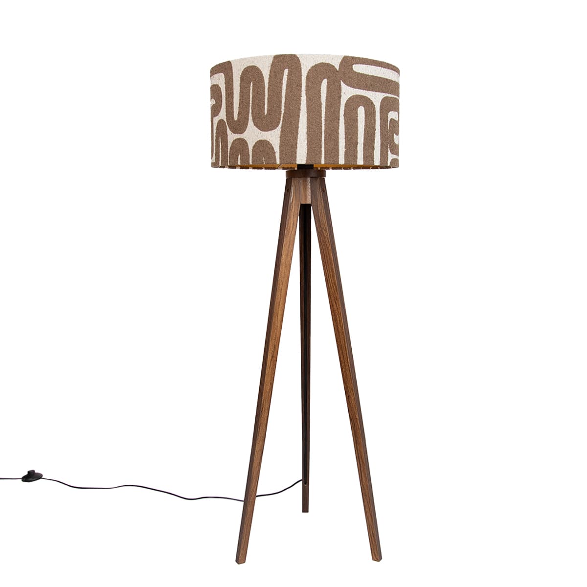 Stojacia lampa orechové drevo trojnožka s hnedým a béžovým pruhovaným tienidlom 50cm - Tripod Classic