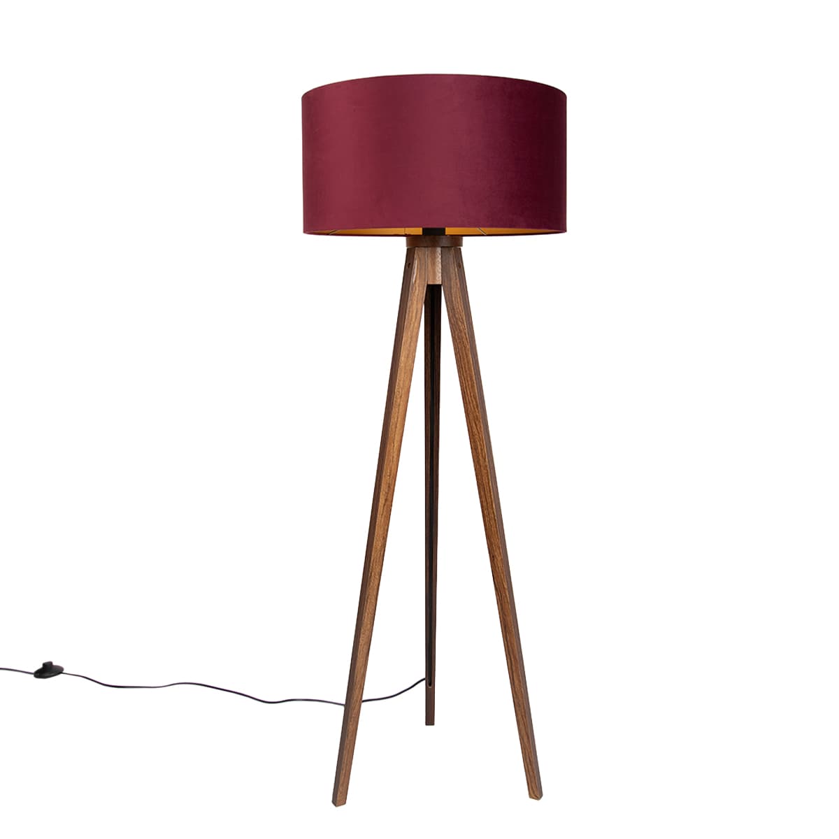 Stojacia lampa orechové drevo trojnožka s červeným tienidlom a zlatým interiérom 50cm - Tripod Classic